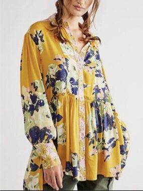 Free People Yellow Floral Button-Front Peplum Blouse